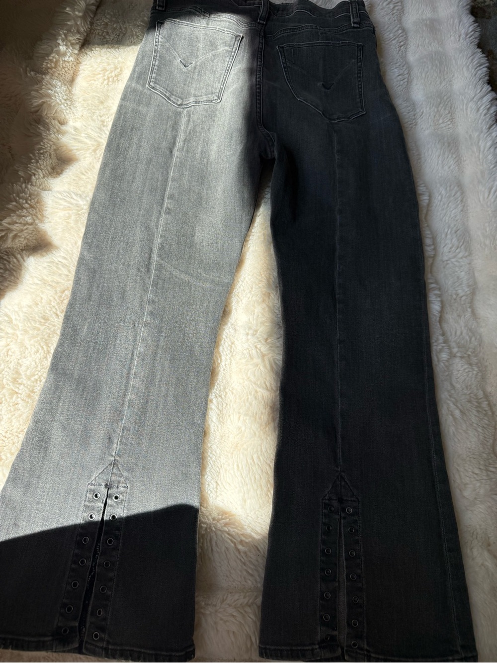 Hudson Holly Flare Gray/Black Cropped Flare Jeans with embellished back slits